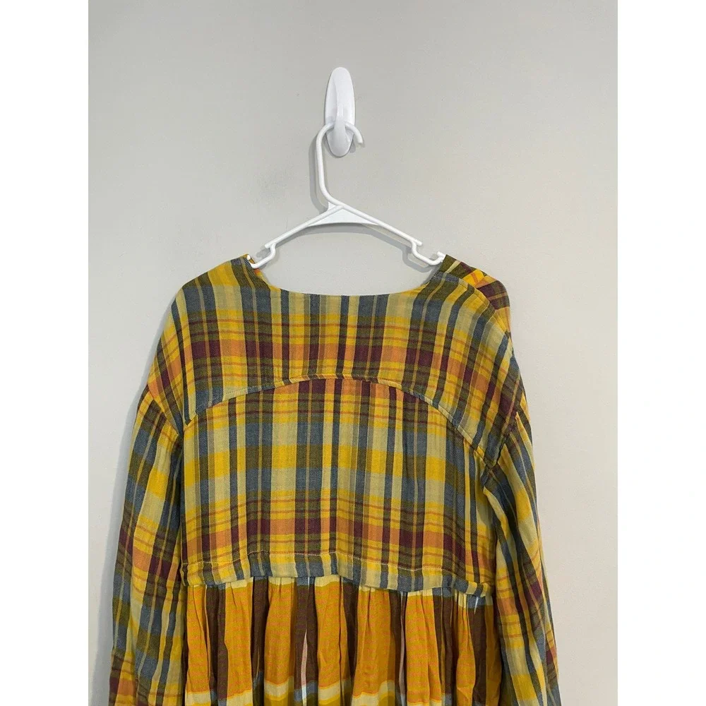 Free People Falling Stars Yellow Plaid Mini‎ Dress Size Small Bohemian Casual